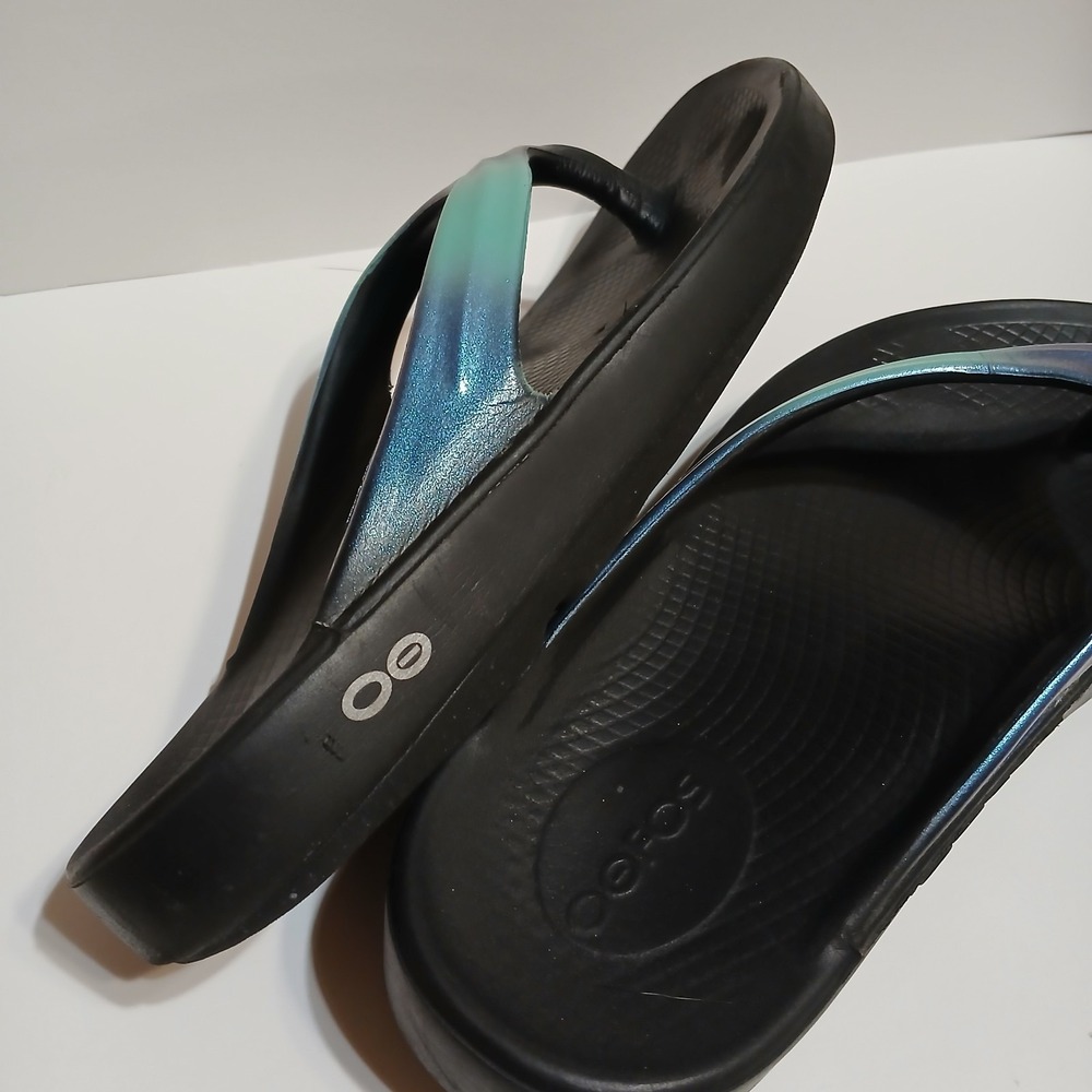 OOFOS Women 8 OOlala Luxe Recovery Flip Flop Thong Sandal Atlantis Blue - Picture 4 of 8
